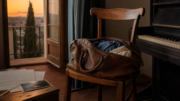 A worn leather overnight bag on a wooden chair beside a piano in a Spanish room at sunset