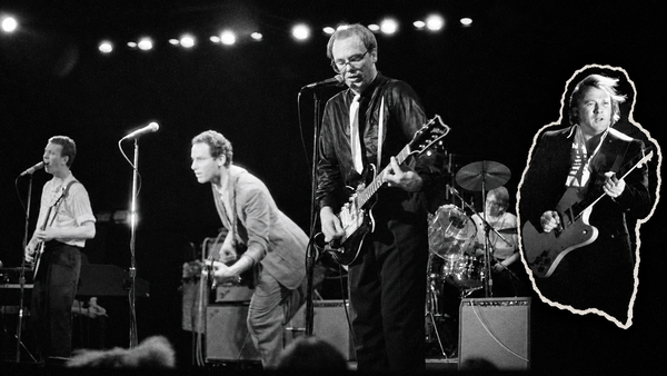 Bates Motel performing live, with a separate cutout of Stephen Stills playing guitar in 1979
