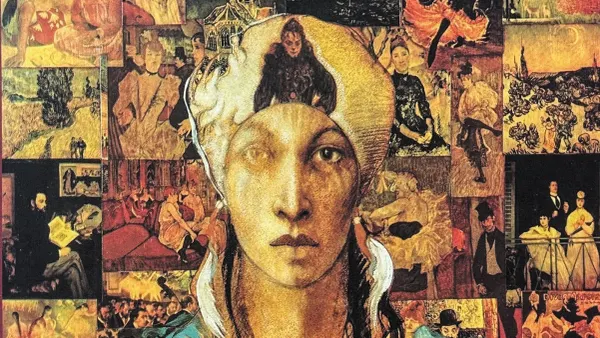 Detail from Robert Callender’s Le Musée de l’Impressionnisme album artwork, with a central portrait surrounded by paintings.