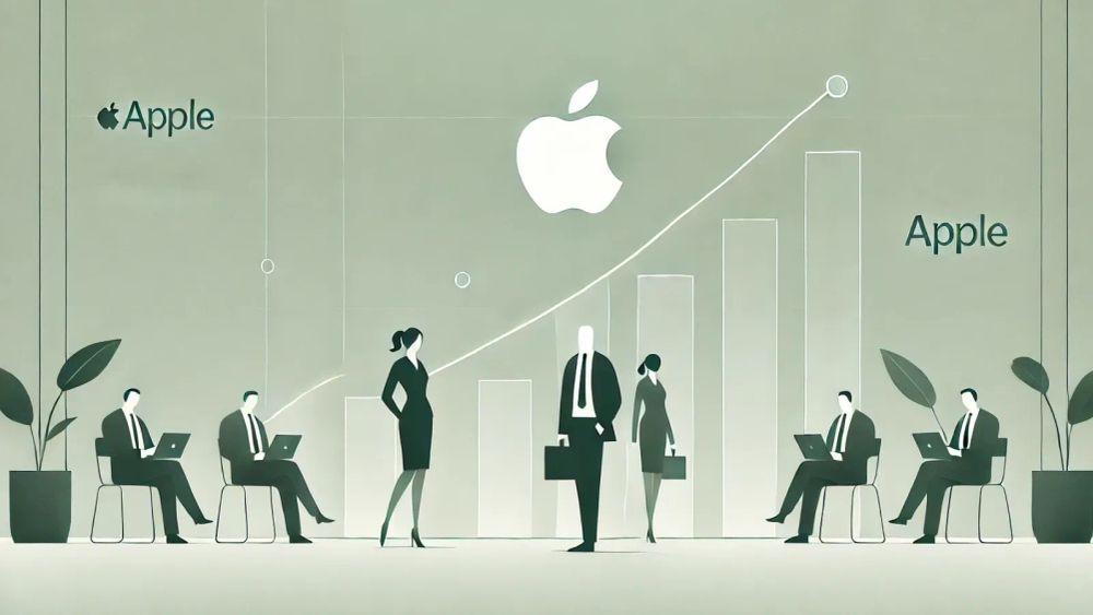Illustration d'une présentation d'Apple avec des employés, un graphique de croissance et le logo Apple.