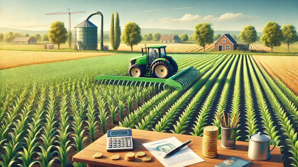 Image d'une ferme avec un tracteur, un champ de maïs, un silo et une table avec une calculatrice, des pièces et des documents, symbolisant l'investissement agricole.