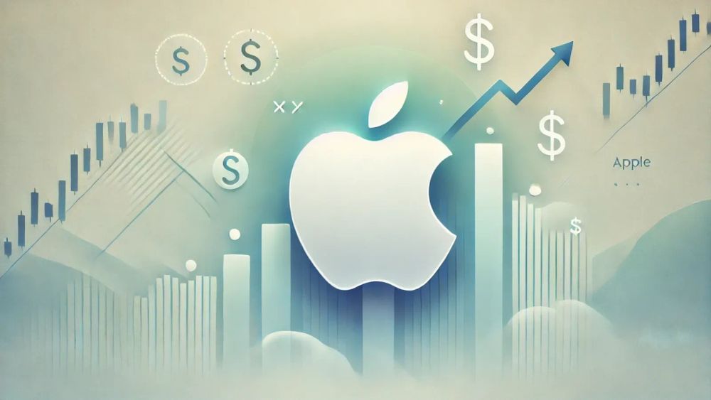 Image illustrative de la croissance financière d'Apple, avec le logo de la marque, des graphiques boursiers et des symboles de dollars.