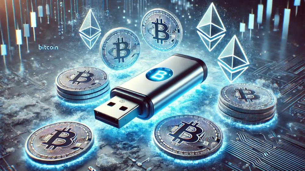 Image d'un cold wallet USB entouré de Bitcoins et d'Ethereums, symbolisant la sécurité des cryptomonnaies hors ligne.