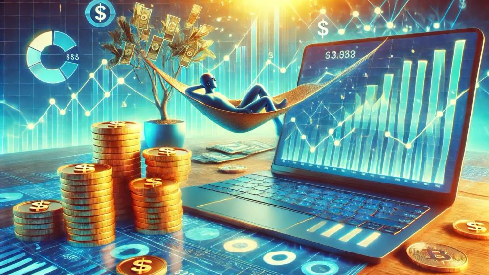 Image illustrant les revenus passifs avec un homme se relaxant dans un hamac, un ordinateur affichant des graphiques de croissance, des piles de pièces d'or et un arbre à billets.