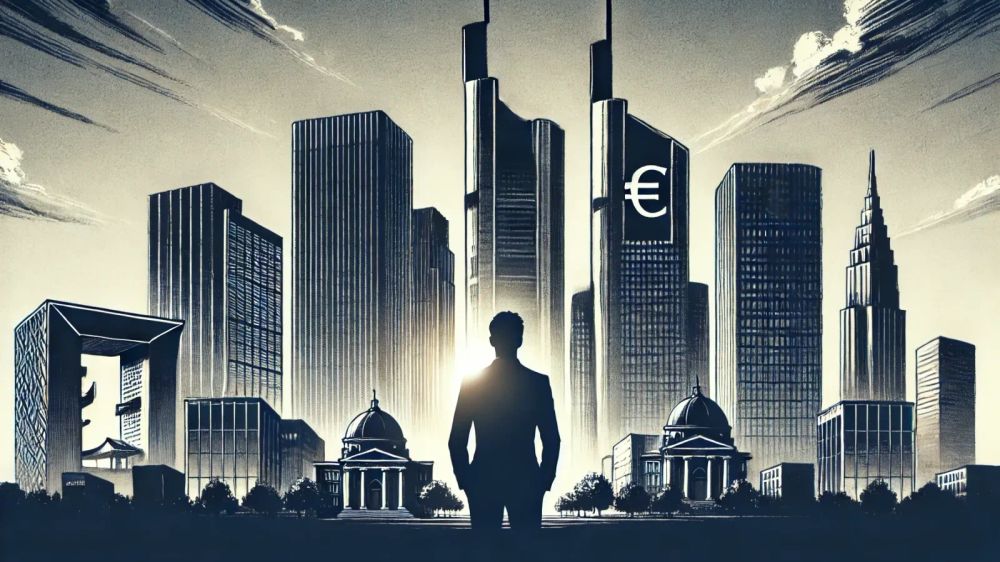 Un homme d'affaires se tient devant une ville avec un symbole Euro sur un gratte-ciel, symbolisant les marchés financiers.