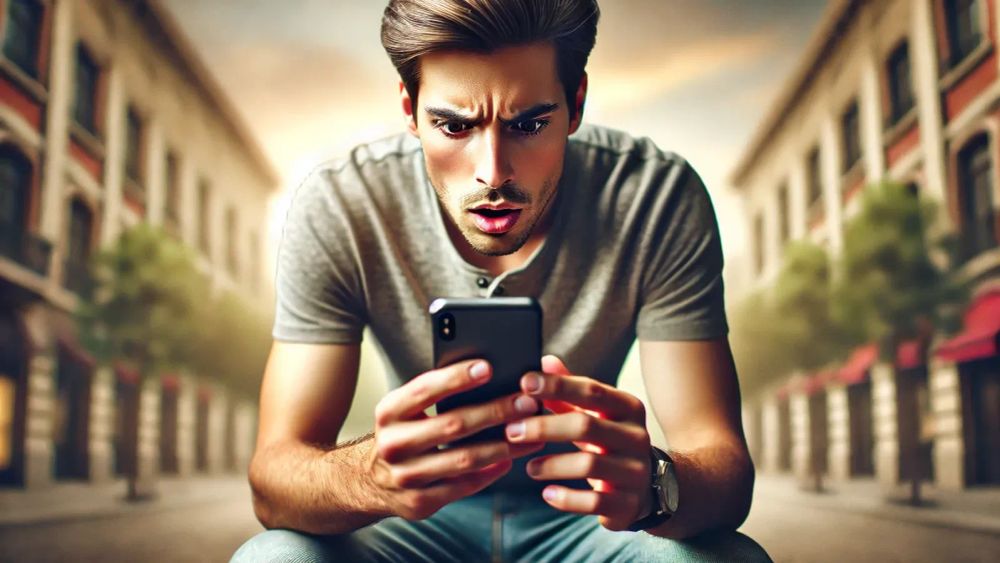 Un homme regarde son téléphone avec une expression de surprise ou d'inquiétude, illustrant potentiellement les risques liés à la gestion de cryptomonnaies sur un hot wallet.