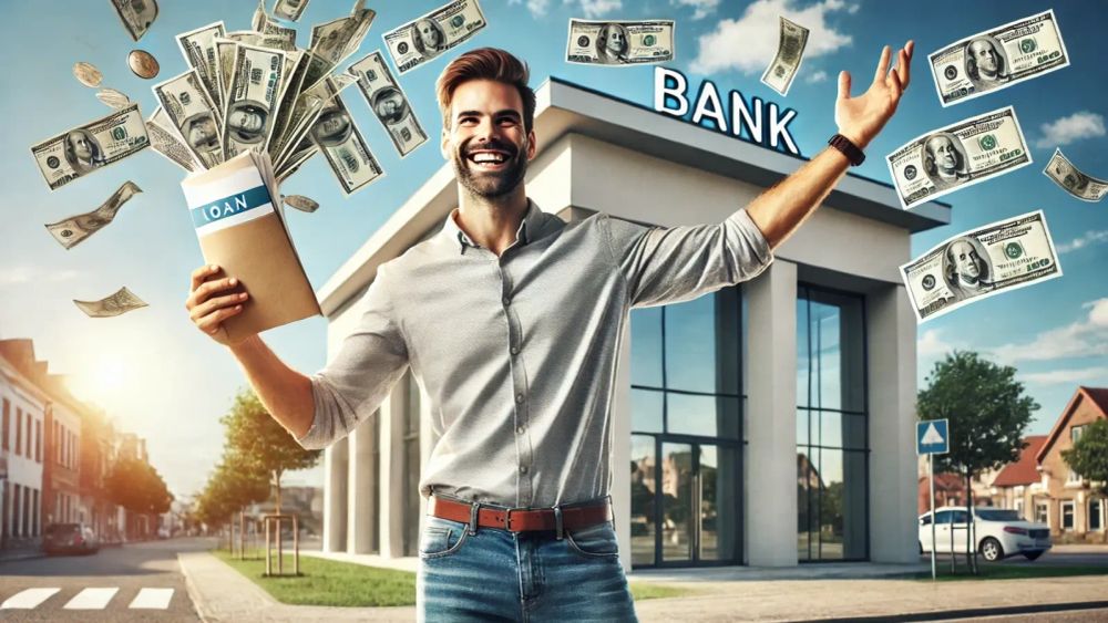 Homme heureux devant une banque avec un prêt et de l'argent, symbolisant l'accès facile au crédit immobilier.