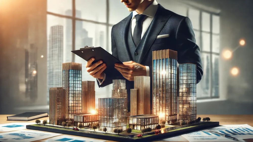 Un homme d'affaires en costume examine une maquette de bâtiments, symbolisant l'investissement en SCPI de rendement en 2025.