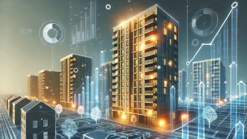 Illustration d'un quartier avec des immeubles et des maisons, agrémentée de graphiques et de données financières, symbolisant l'investissement en SCPI.