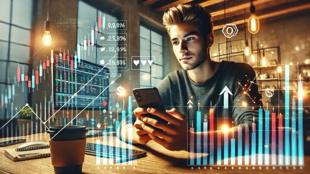 Un jeune homme analyse des graphiques boursiers sur son téléphone et son ordinateur, suggérant l'investissement en bourse.