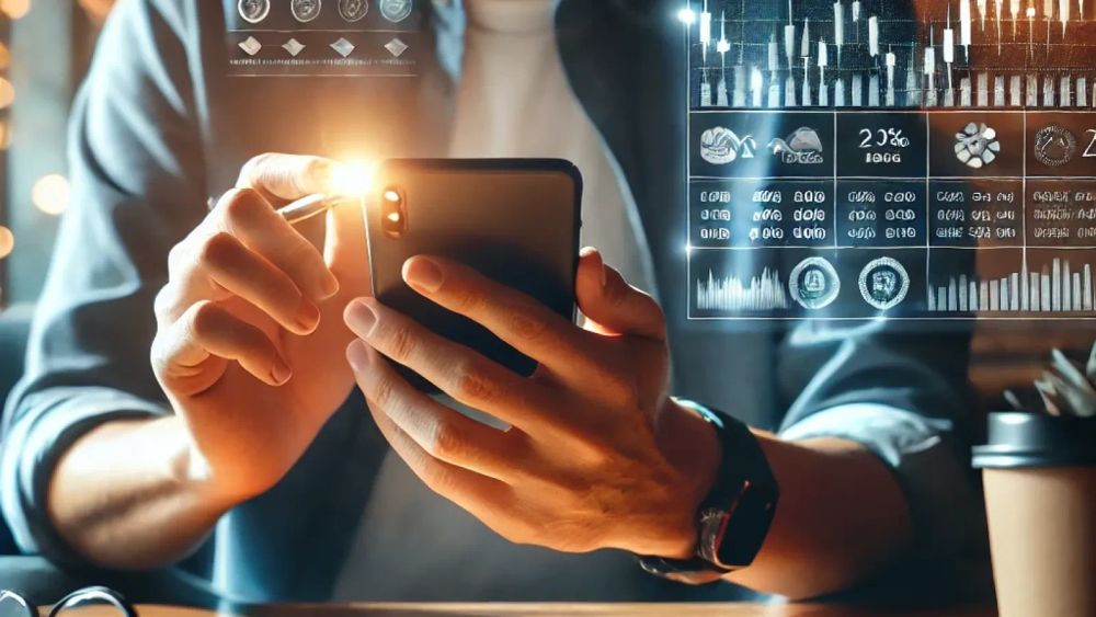 Un homme utilise son smartphone pour consulter des données boursières, illustrant l'investissement en ETF en 2025.