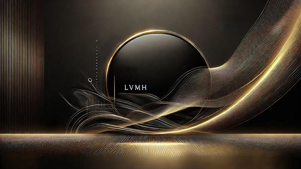 Image abstraite en noir et or avec le logo LVMH, symbolisant le luxe et la performance financière.
