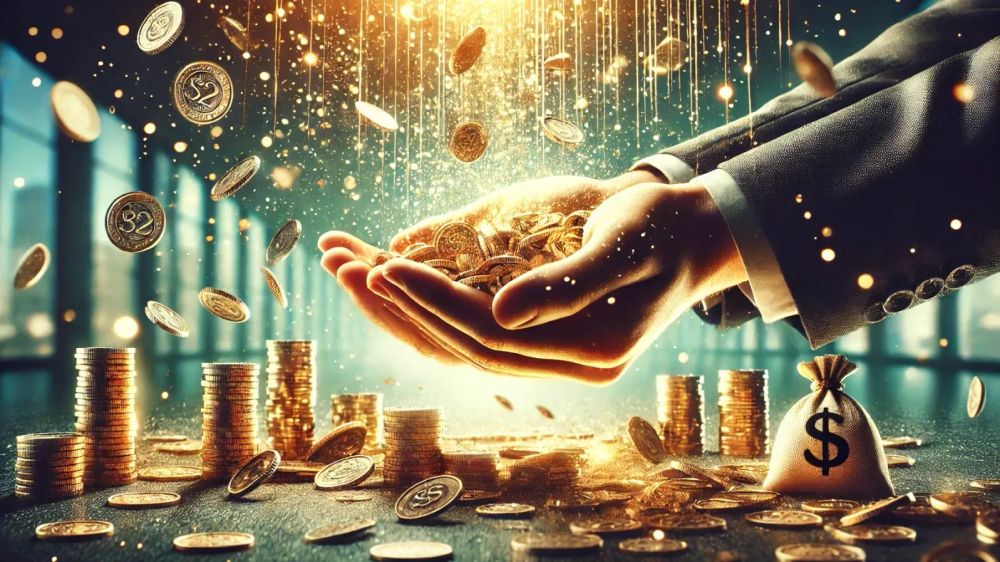 Image de pièces d'or et d'un sac d'argent, symbolisant les dividendes mensuels.