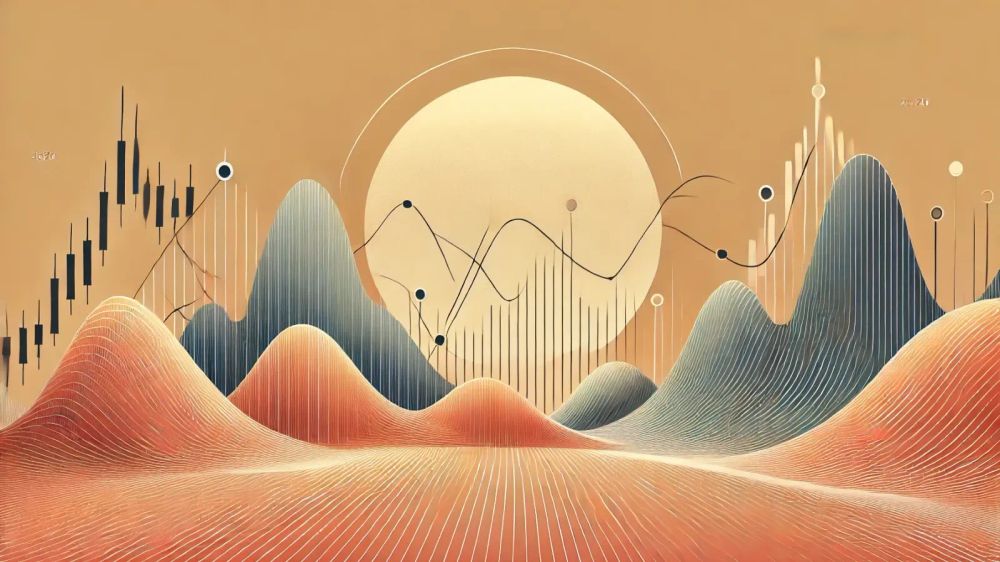 Illustration abstraite de graphiques boursiers et de paysages ondulés, symbolisant les différents secteurs boursiers en 2025.