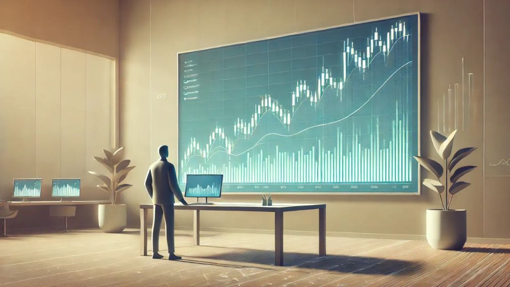 Un homme en costume observe un graphique boursier sur un grand écran, symbolisant l'analyse et la sélection de titres.