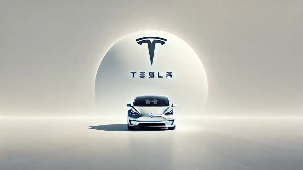 Tesla Model 3 blanche devant le logo Tesla, symbole d'innovation et de technologie propre.