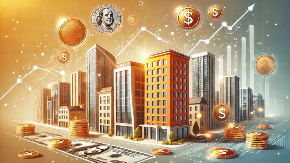 Illustration de l'investissement immobilier avec des immeubles, des pièces d'or et des graphiques de croissance, symbolisant le rendement des SCPI.