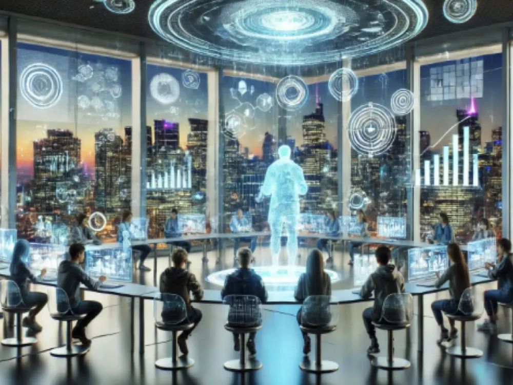 Une salle de réunion futuriste avec des personnes assises autour d'une table ronde, regardant un hologramme au centre, symbolisant l'innovation et la prise de décision stratégique.
