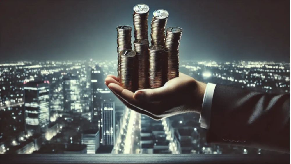 Une main tenant des piles de pièces d'un euro, symbolisant l'accumulation d'économies sur fond de paysage urbain nocturne.