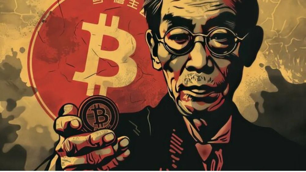 Portrait stylisé d'un homme asiatique tenant une pièce Bitcoin, avec un symbole Bitcoin plus grand en arrière-plan.