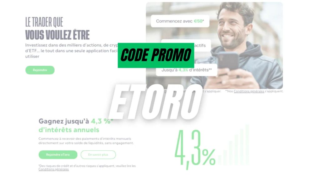 Publicité eToro avec un code promo mis en avant.