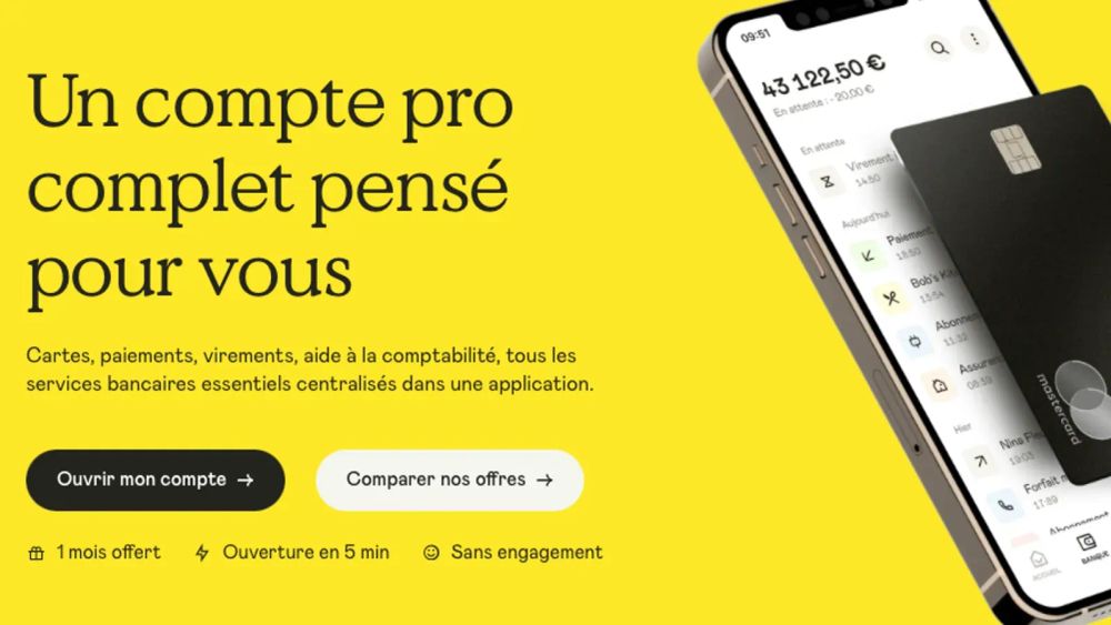 Capture d'écran de l'application Shine sur un smartphone, affichant un solde de 43 122,50 € et une carte bancaire Mastercard. Le texte promotionnel met en avant un compte pro complet et une o