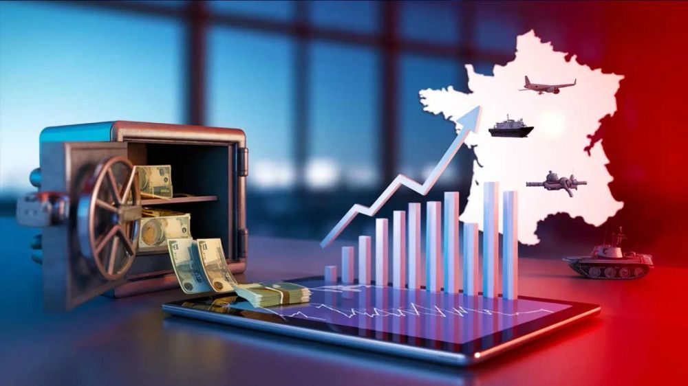 Image illustrant l'augmentation du budget de la défense française, avec un coffre-fort, des graphiques en hausse et des équipements militaires sur une carte de France.
