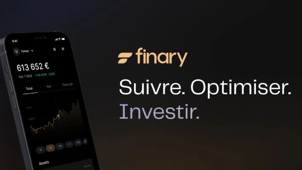 Capture d'écran de l'application Finary sur un iPhone, affichant un solde de 613 652 € et les mots "Suivre. Optimiser. Investir."