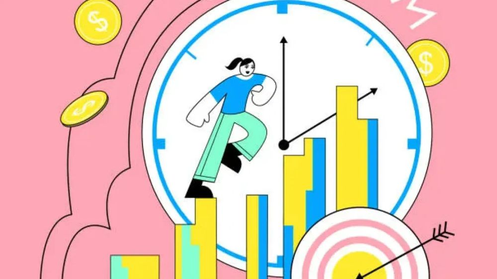 Illustration d'une personne gravissant des graphiques de croissance dans un cadran d'horloge, symbolisant la croissance financière avec le temps.