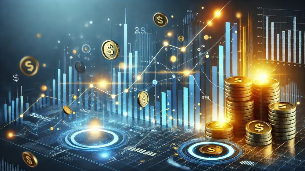 Graphique boursier avec des pièces d'or, symbolisant la croissance et la sécurité financière.