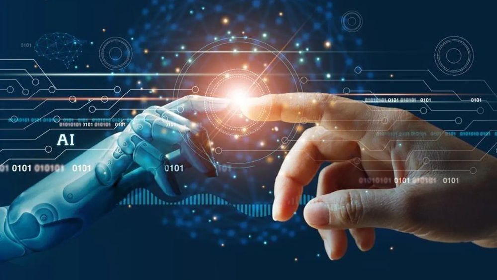 Image symbolisant l'intelligence artificielle et son impact sur le marketing digital, avec une main humaine touchant une main robotique.