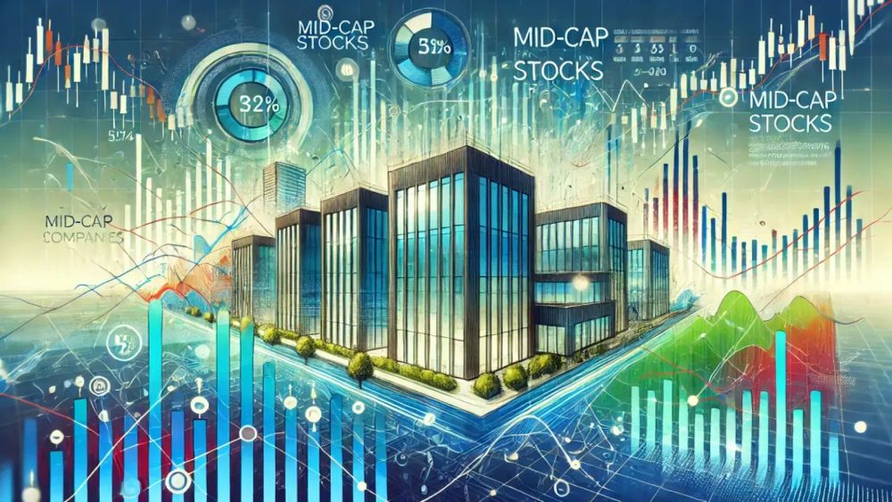 Illustration de bâtiments modernes intégrés à des graphiques boursiers, symbolisant l'investissement dans les mid-caps.