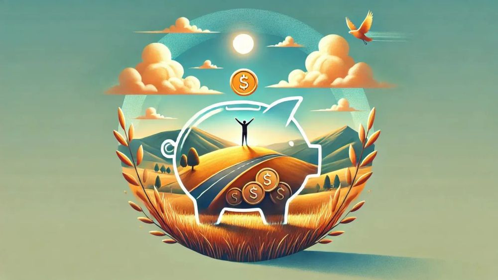 Illustration d'une tirelire transparente remplie d'un paysage avec une personne au sommet d'une colline, symbolisant la réussite financière.