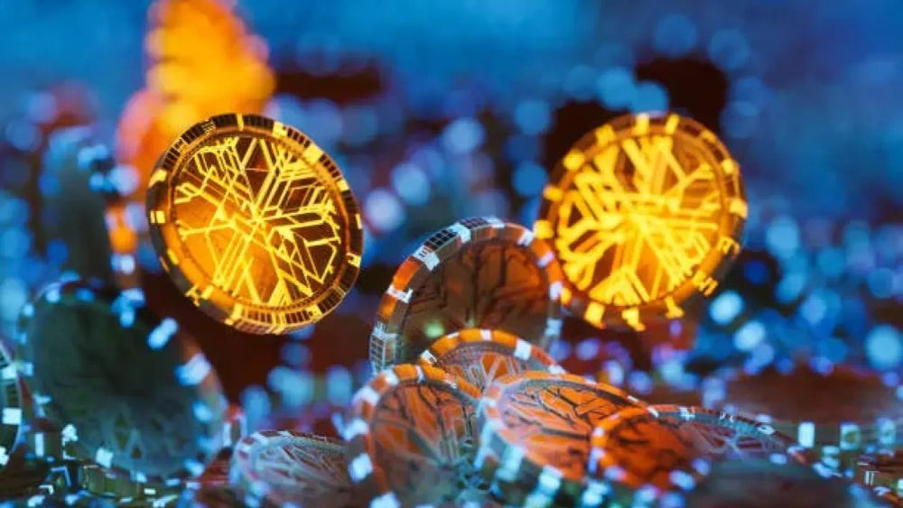 Représentation numérique de pièces de monnaie avec des motifs lumineux, symbolisant les projets de staking pour 2023.