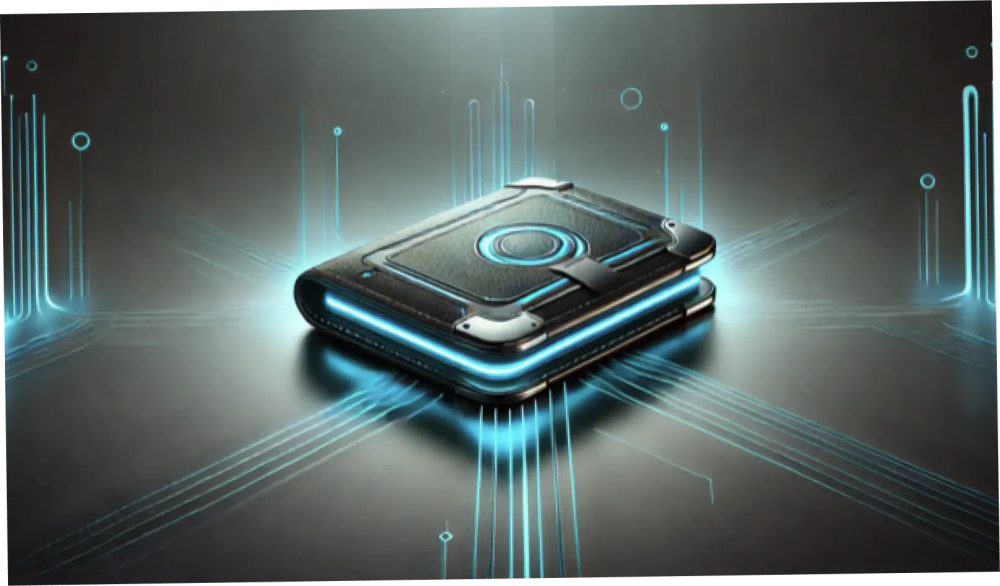 Un livre futuriste avec des lumières bleues, symbolisant le calcul du prix de revient unitaire (PRU).