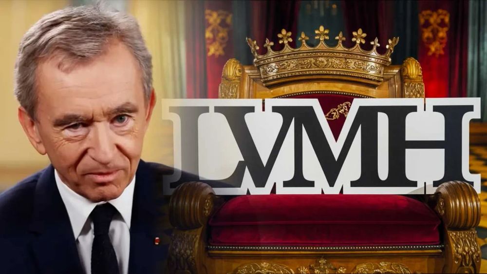 Bernard Arnault, PDG de LVMH, devant un trône et le logo de LVMH, symbolisant son pouvoir et son emprise sur le groupe de luxe.