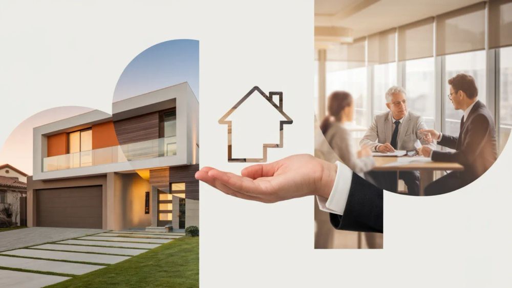 Illustration du crédit immobilier en 2025 : une maison moderne, une main tenant une icône de maison et une réunion de conseillers.