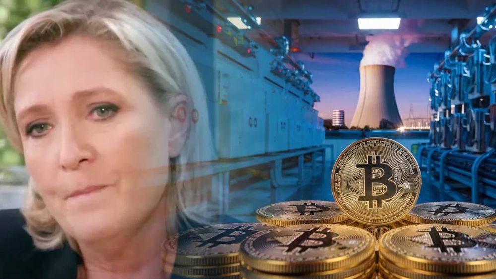 Image composite de Marine Le Pen, d'une centrale nucléaire et de pièces de Bitcoin, illustrant le potentiel du nucléaire français pour le minage de Bitcoin.