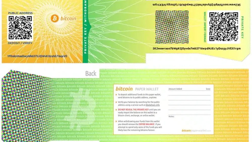 Image d'un paper wallet Bitcoin montrant l'adresse publique, la clé privée et des instructions pour son utilisation.
