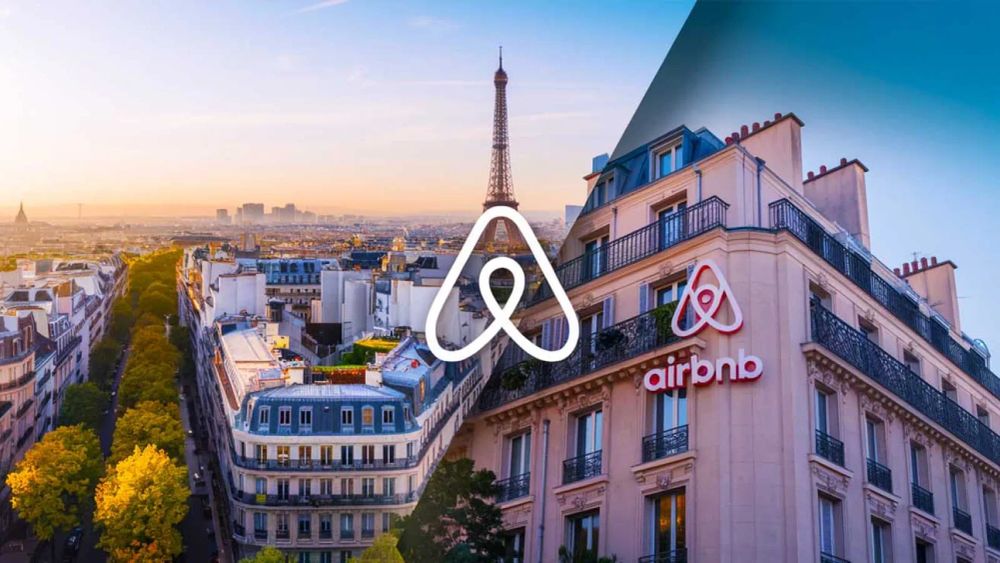 Image divisée montrant une vue de Paris avec la Tour Eiffel et un immeuble avec le logo Airbnb, symbolisant le débat sur le logement.