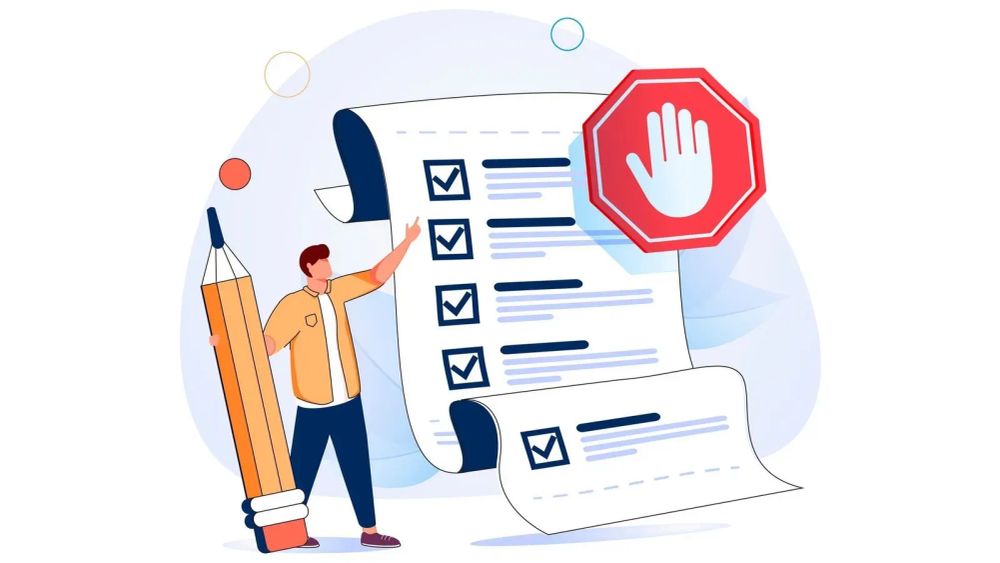 Illustration d'un homme pointant une liste de contrôle avec des cases cochées, un crayon géant et un panneau stop.