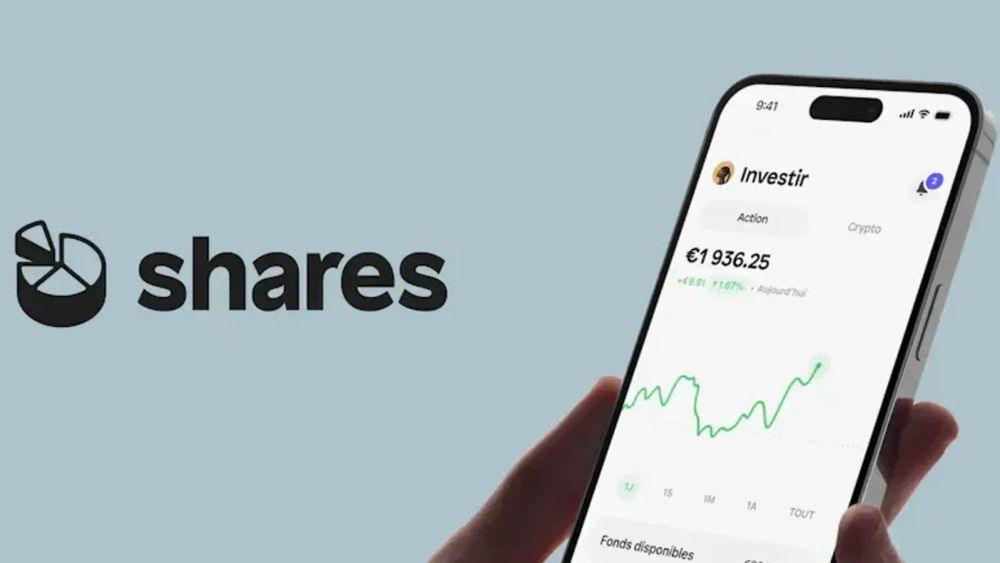 L'application Shares sur un smartphone, affichant un graphique boursier en hausse et le logo de la plateforme.