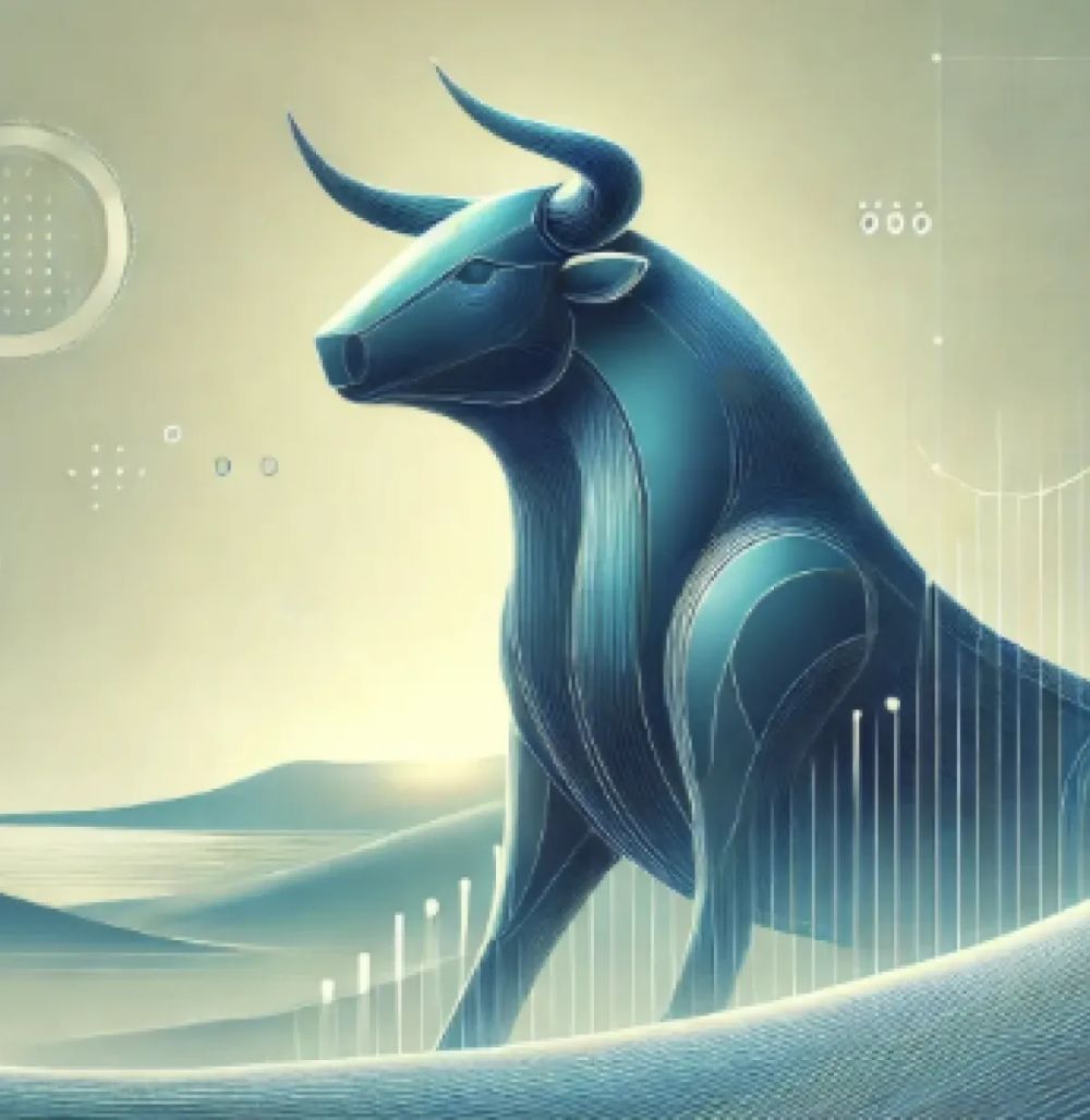 Illustration d'un taureau bleu stylisé, symbole de la tendance haussière (bull run) dans le contexte des cryptomonnaies.