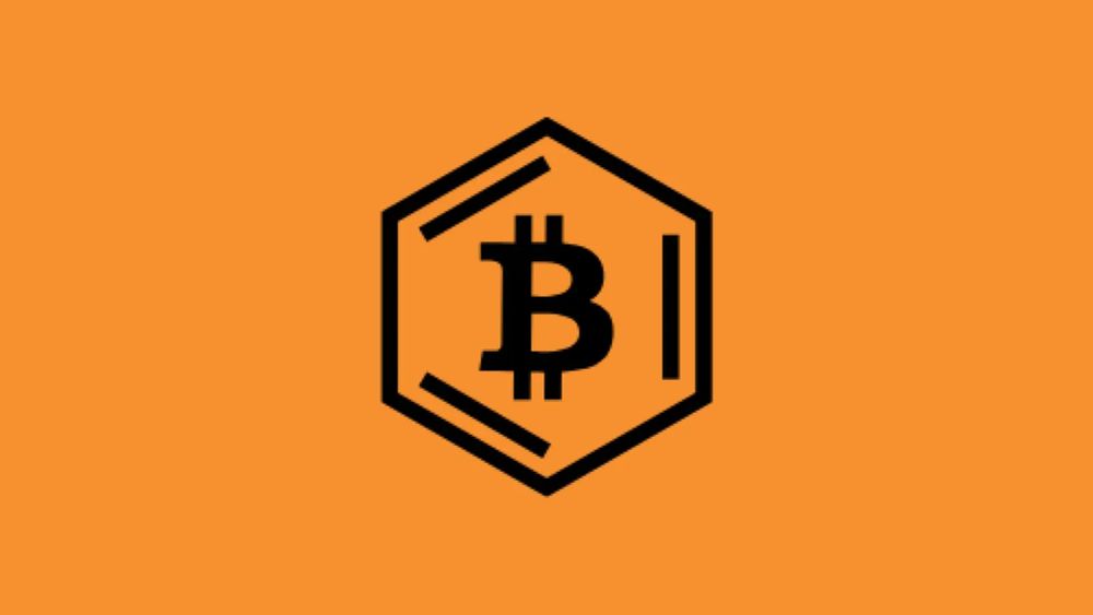 Logo Bitcoin stylisé avec un hexagone, symbolisant la technologie blockchain et la décentralisation.