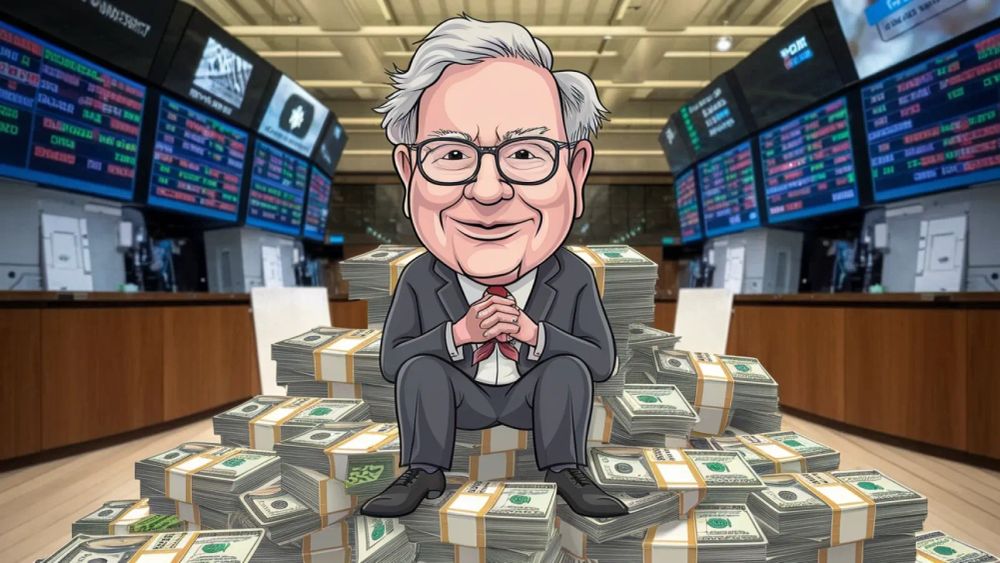 Caricature de Warren Buffett assis sur une montagne de liasses de billets de banque, symbolisant son succès financier.
