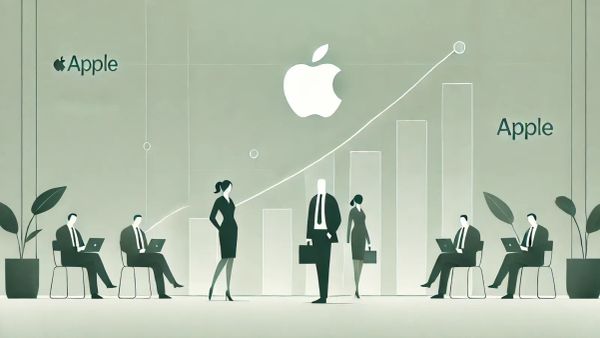 Illustration d'une présentation d'Apple avec des employés, un graphique de croissance et le logo Apple.