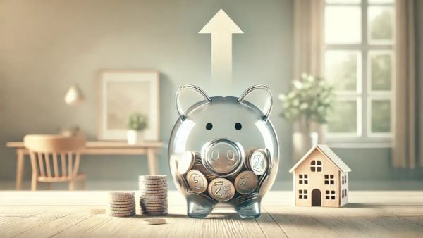 Tirelire transparente remplie de pièces, symbolisant l'épargne et la croissance financière, avec une flèche pointant vers le haut.