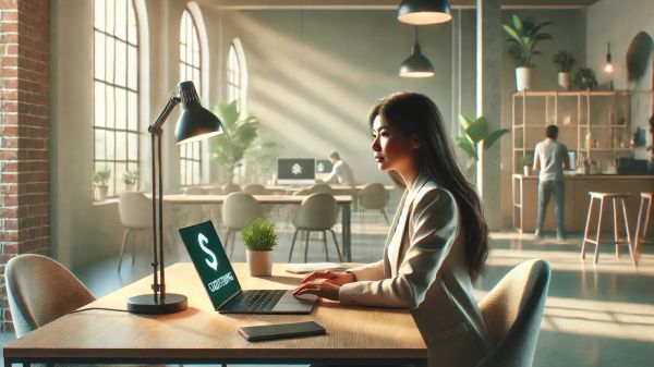 Une femme travaille sur un ordinateur portable avec un symbole de dollar à l'écran, dans un bureau lumineux et moderne.