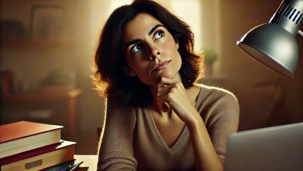 Une femme pensive, assise à un bureau avec un ordinateur portable et des livres, symbolisant la réflexion sur la sécurité des seed phrases crypto.