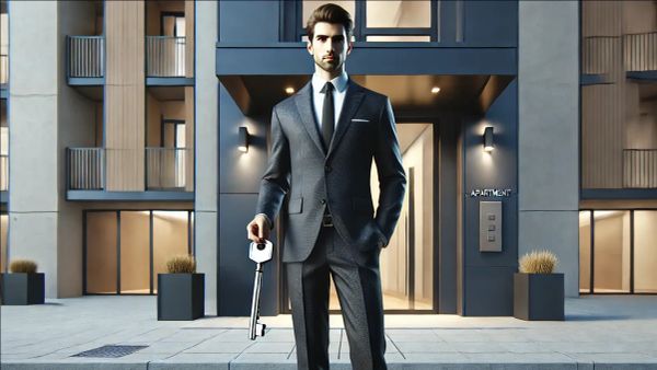Un agent immobilier en costume devant un immeuble moderne, tenant une clé, symbolisant le choix entre devenir propriétaire ou rester locataire.